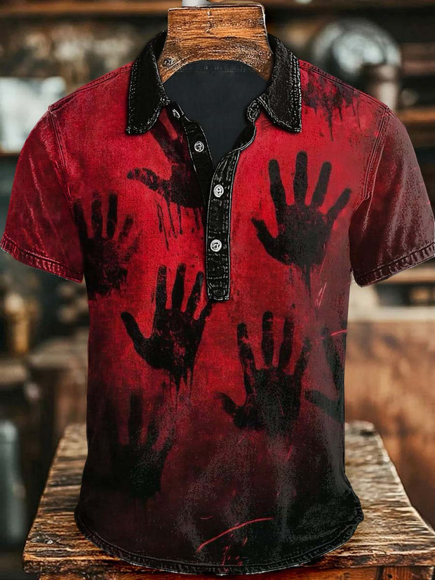 Halloween Scary Handprint Print Casual Short Sleeve Polo Shirt