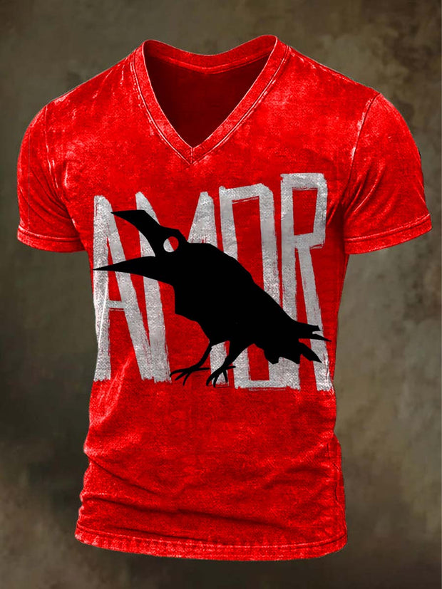 Halloween Raven Print Casual V-Neck T-Shirt