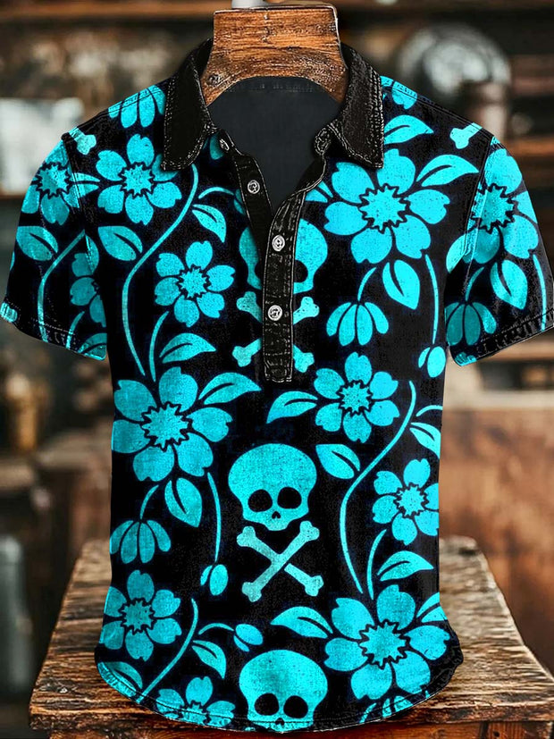 Halloween Floral Skull Print Casual Short Sleeve Polo Shirt