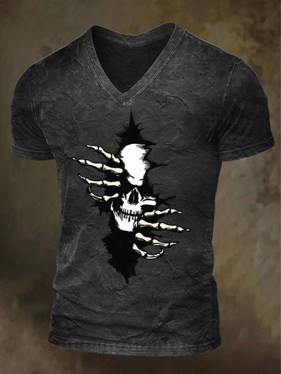 Halloween Cracked Skull Print Casual V-Neck T-Shirt