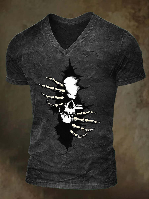 Halloween Cracked Skull Print Casual V-Neck T-Shirt