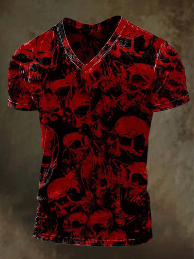 Halloween Skull Print Casual V-Neck T-Shirt