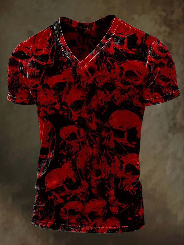 Halloween Skull Print Casual V-Neck T-Shirt