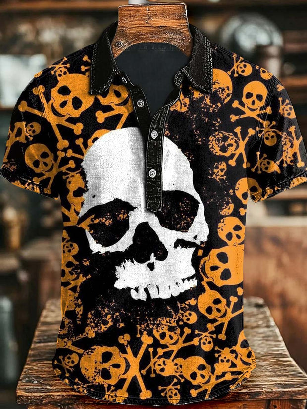 Halloween Skull Print Casual Short Sleeve Polo Shirt