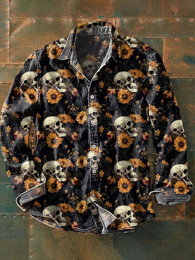 Halloween Skull Floral Print Casual Long Sleeve Shirt
