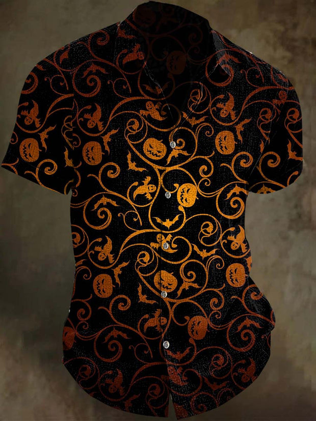 Halloween Evil Pumpkin Ghost Bat Print Casual Short Sleeve Shirt