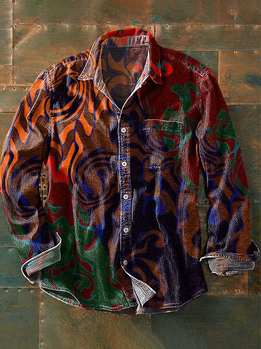 Retro Color Block Art Print Casual Long Sleeve Shirt