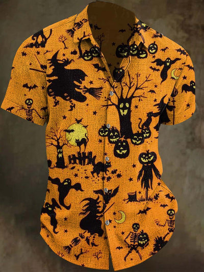 Halloween Witch Pumpkin Print Casual Short Sleeve Shirt