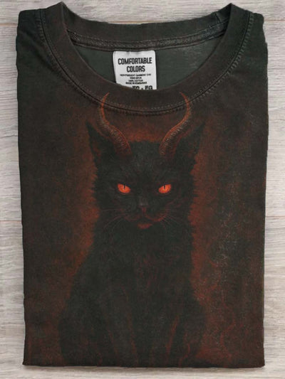 Halloween Dark Black Cat Print Casual Short Sleeve T-Shirt
