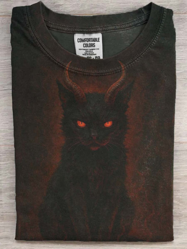 Halloween Dark Black Cat Print Casual Short Sleeve T-Shirt