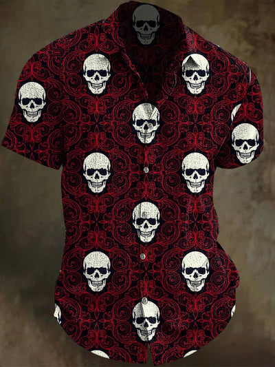 Halloween Retro Skull Pattern Printed Casual Short Sleeve Shirt