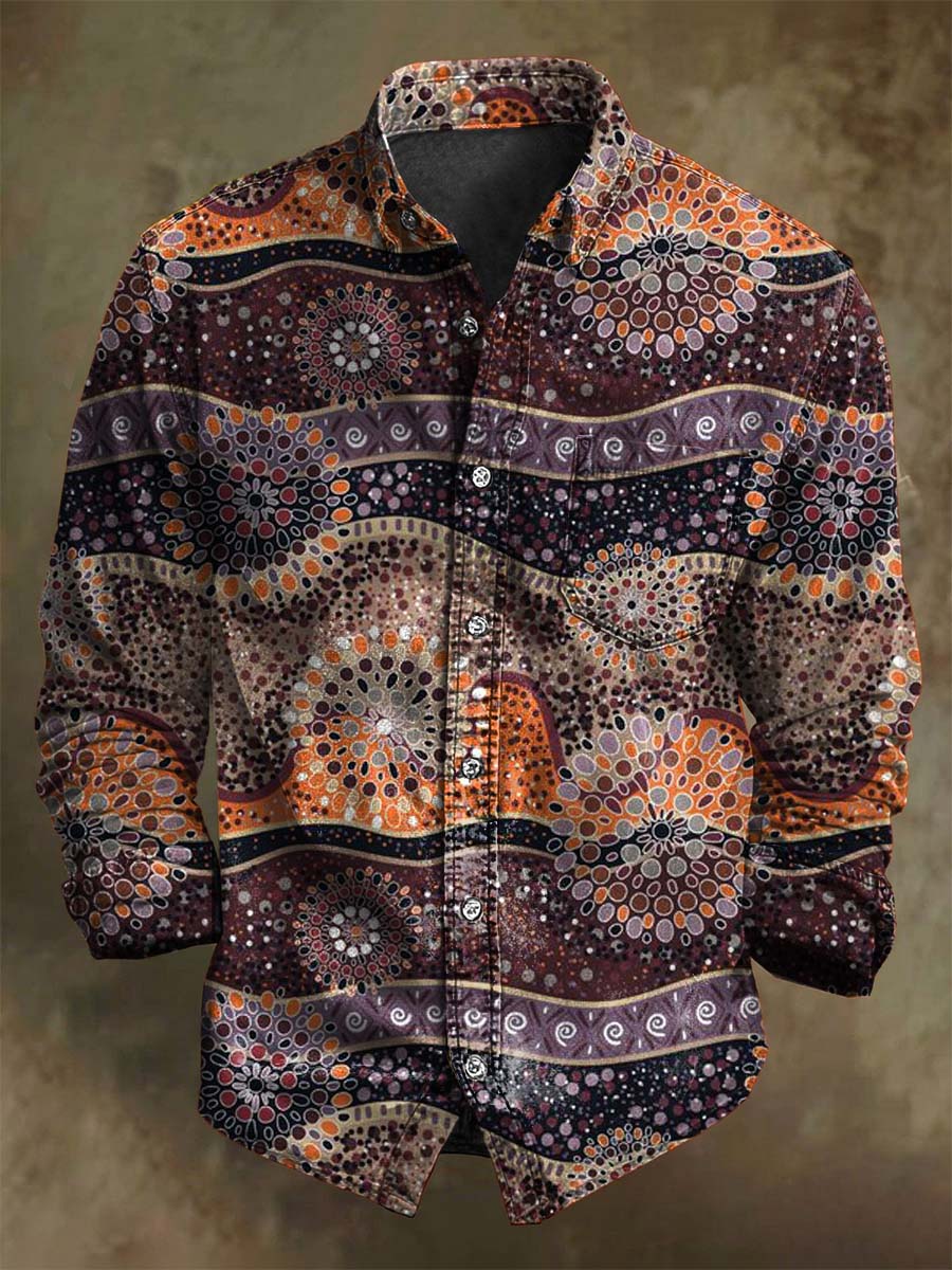 Vintage Abstract Wave Floral Print Casual Long Sleeve Shirt