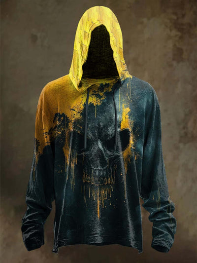 Halloween Colorblock Skull Print Casual Hooded Sweatshirt