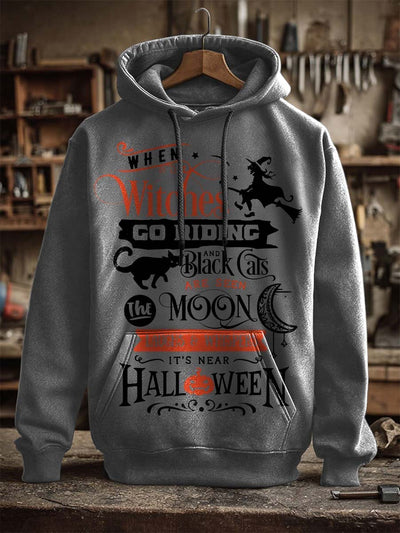 Halloween Witch Black Cat Print Casual Hooded Sweatshirt