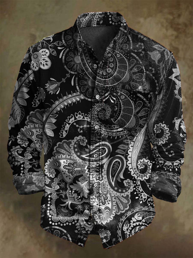 Vintage Paisley Floral Print Casual Long Sleeve Shirt