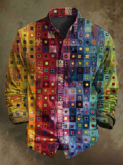 Colorful Abstract Plaid Print Casual Long Sleeve Shirt
