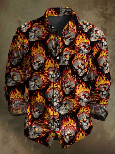 Halloween Flaming Skull Print Casual Long Sleeve Shirt