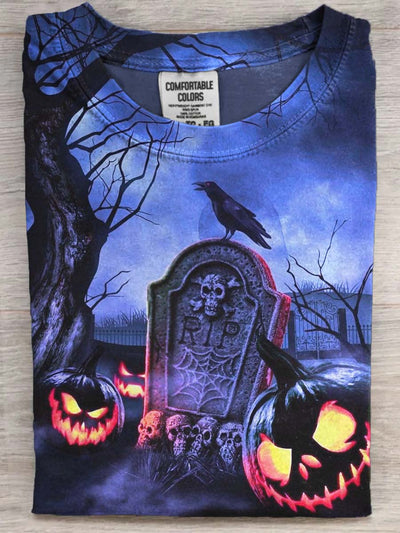 Halloween Raven Evil Pumpkin Print Casual Short Sleeve T-Shirt