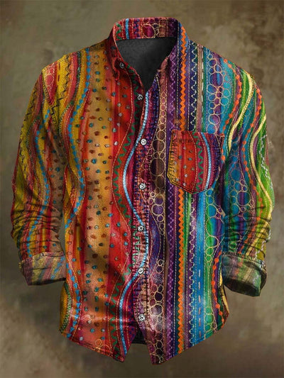 Vintage Colorful Irregular Stripe Printed Casual Long Sleeve Shirt