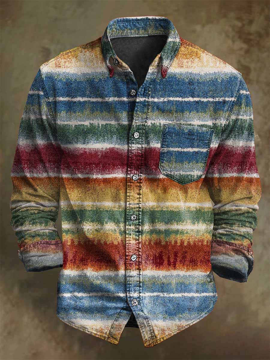 Vintage Colorful Stripe Printed Casual Long Sleeve Shirt