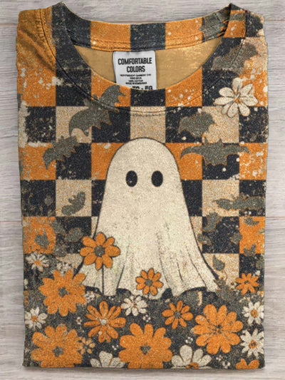 Halloween Ghost Floral Print Casual Short Sleeve T-Shirt