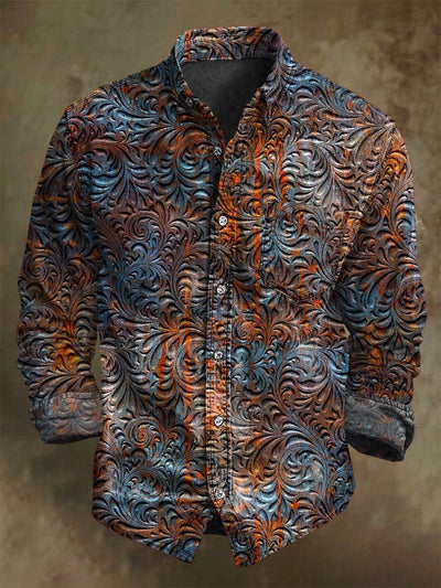 Vintage Gradient Pattern Floral Print Casual Long Sleeve Shirt