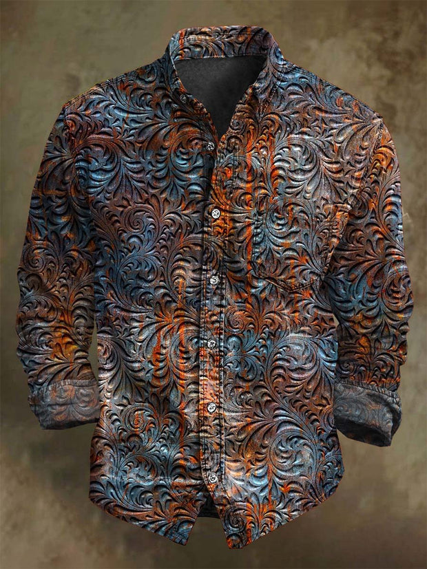 Vintage Gradient Pattern Floral Print Casual Long Sleeve Shirt