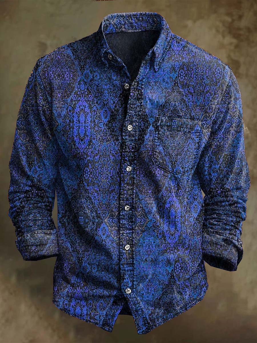 Vintage Irregular Floral Print Casual Long Sleeve Shirt
