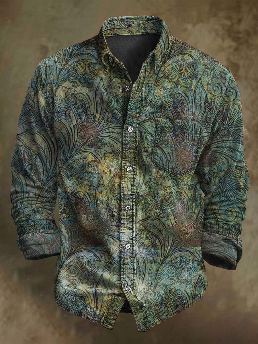 Vintage Floral Print Casual Long Sleeve Shirt