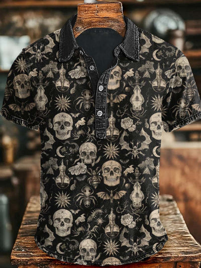 Halloween Dark Skull Print Casual Short Sleeve Polo Shirt