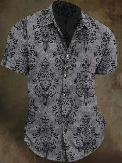 Halloween Dark Patterned Floral Print Casual Short Sleeve Shirt