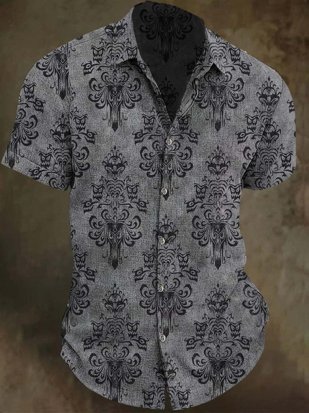 Halloween Dark Patterned Floral Print Casual Short Sleeve Shirt