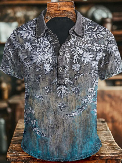 Vintage Aged Gradient Floral Print Casual Short Sleeve Polo Shirt