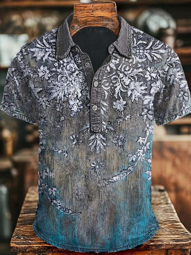 Vintage Aged Gradient Floral Print Casual Short Sleeve Polo Shirt