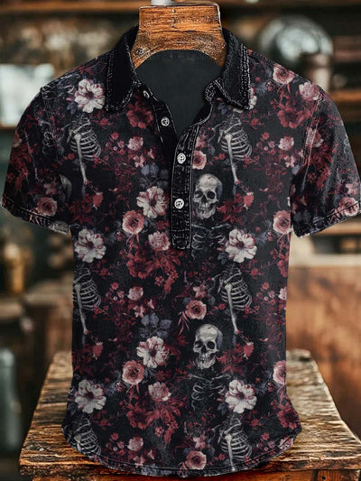 Halloween Dark Skull Print Casual Short Sleeve Polo Shirt