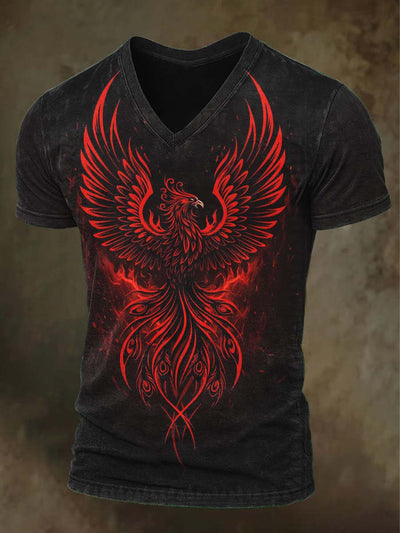 Flame Phoenix Print Casual Short Sleeve V-Neck T-Shirt