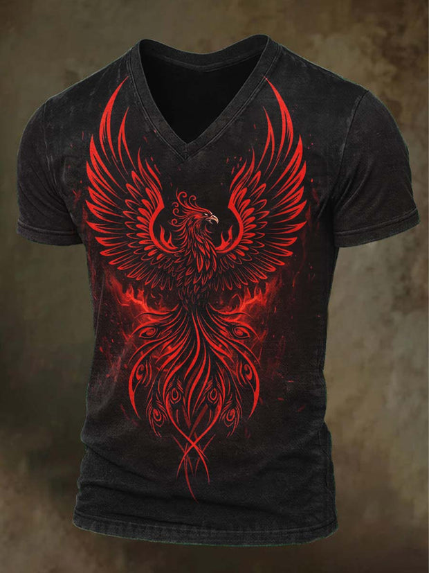 Flame Phoenix Print Casual Short Sleeve V-Neck T-Shirt