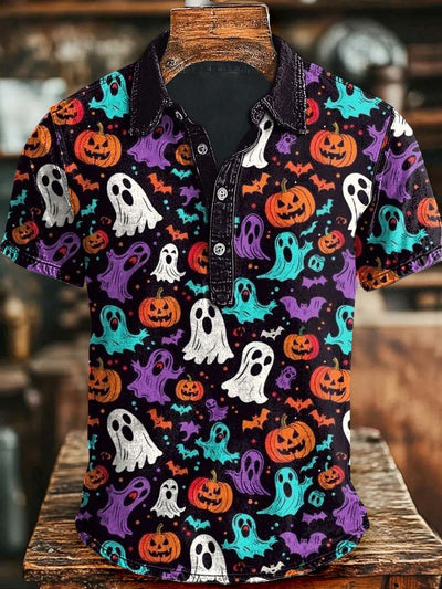 Halloween Pumpkin Ghost Print Casual Short Sleeve Polo Shirt