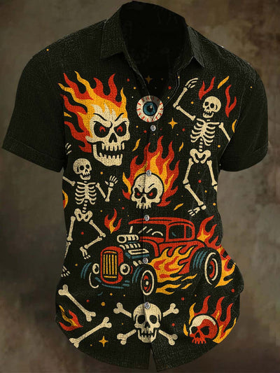 Vintage Halloween Skull Print Casual Short Sleeve Shirt