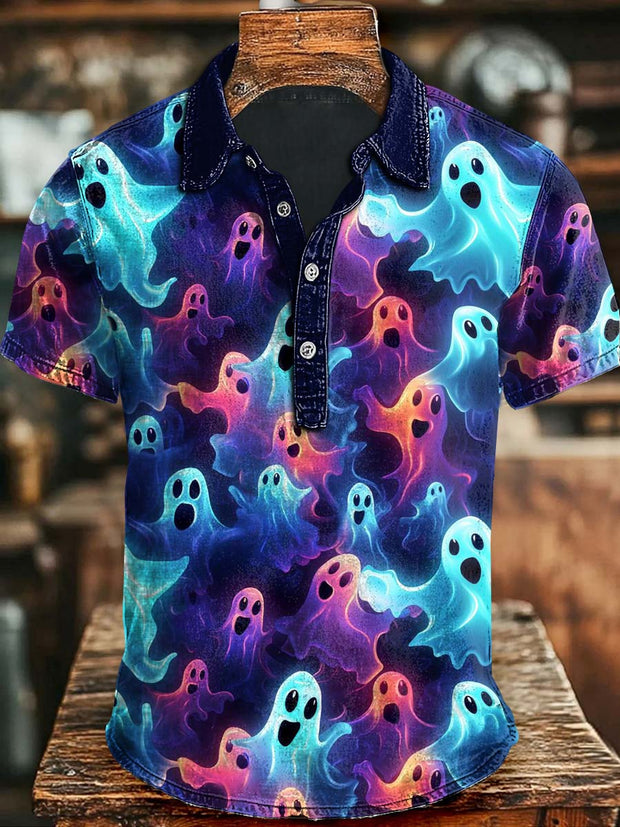 Halloween Dazzling Ghost Print Casual Short Sleeve Polo Shirt