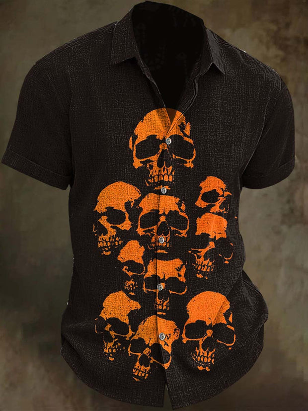 Vintage Halloween Skull Print Casual Short Sleeve Shirt