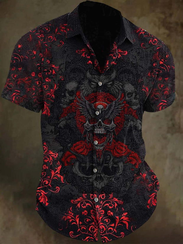 Dark Floral Skull Print Casual Short Sleeve Shirt