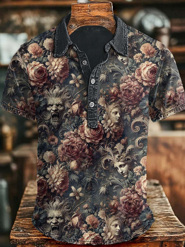 Mythical Floral Print Casual Short Sleeve Polo Shirt