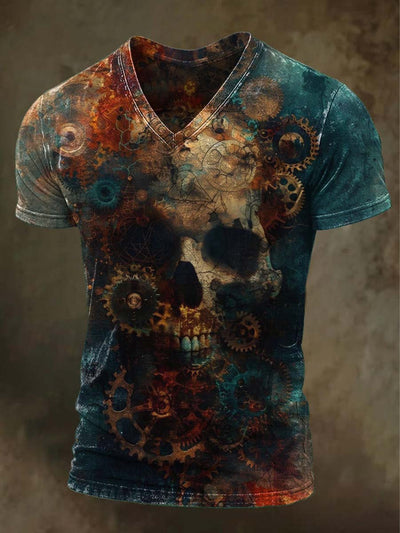 Halloween Gear Skull Print Casual Short Sleeve V-Neck T-Shirt