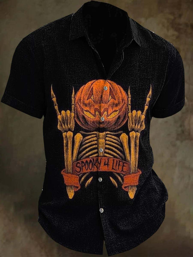 Halloween Scary Life Pumpkin Print Casual Short Sleeve Shirt