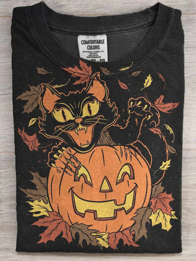 Halloween Black Cat Print Casual Short Sleeve T-Shirt