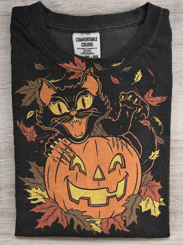 Halloween Black Cat Print Casual Short Sleeve T-Shirt