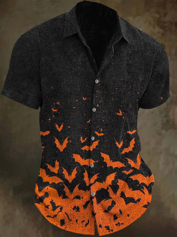 Halloween Gradient Bat Print Casual Short Sleeve Shirt