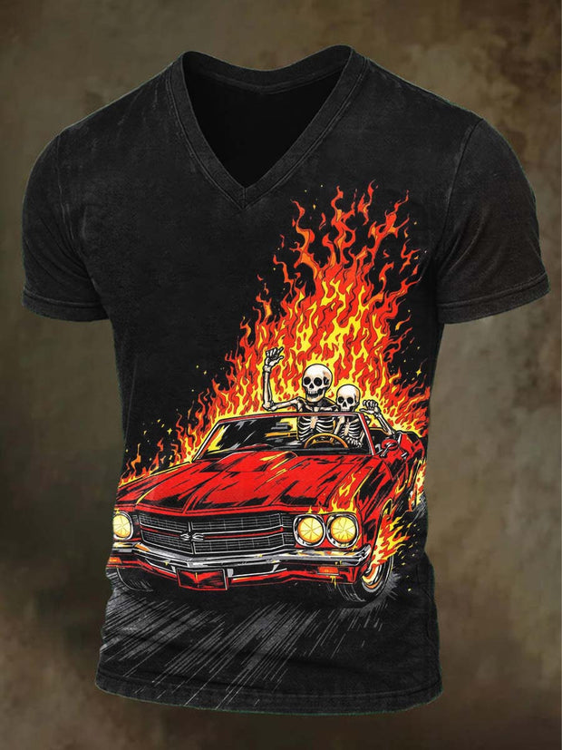 Halloween Flame Skull Print Casual Short Sleeve V-Neck T-Shirt