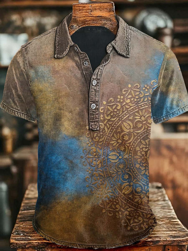 Vintage Old Totem Print Casual Short Sleeve Polo Shirt